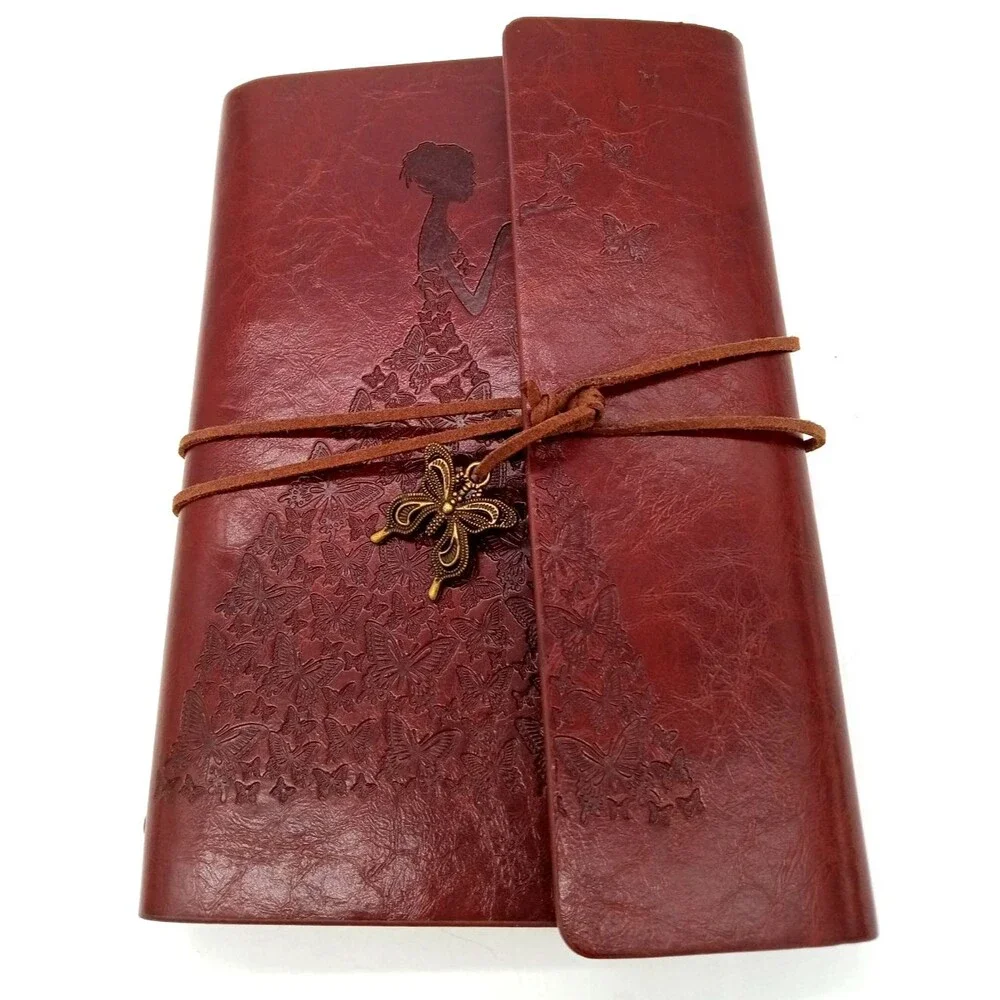 Vtg Burgundy PU Leather Embossed Girl/Butterfly Dress Refillable Journal  NWOT